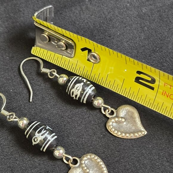 Boho Earrings Black & Silver Beaded Dzi Style with Gold Heart Dangle Accents - Picture 5 of 6
